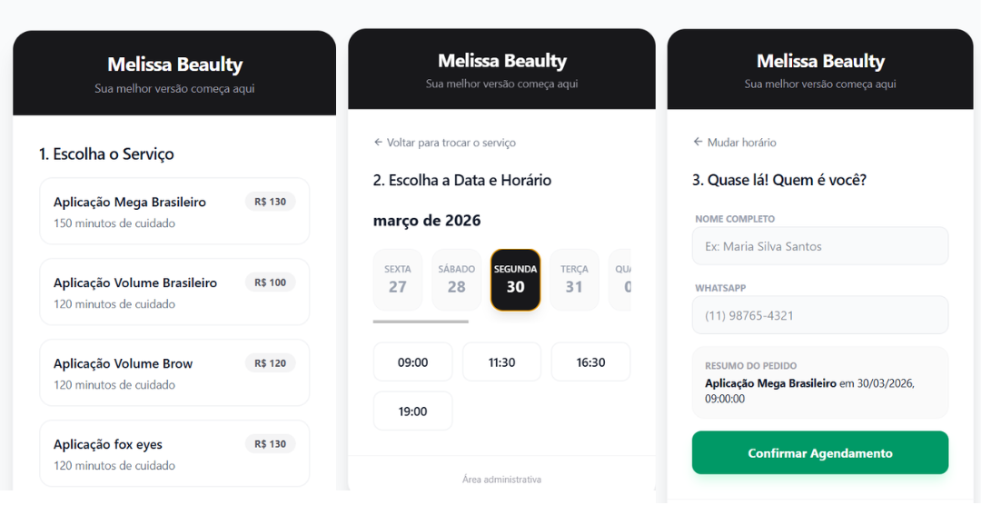 Screenshot de sistema de agendamento Beauty Studio