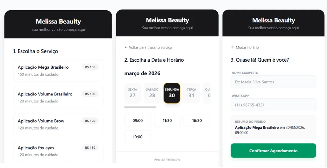 Screenshot de sistema de agendamento Beauty Studio