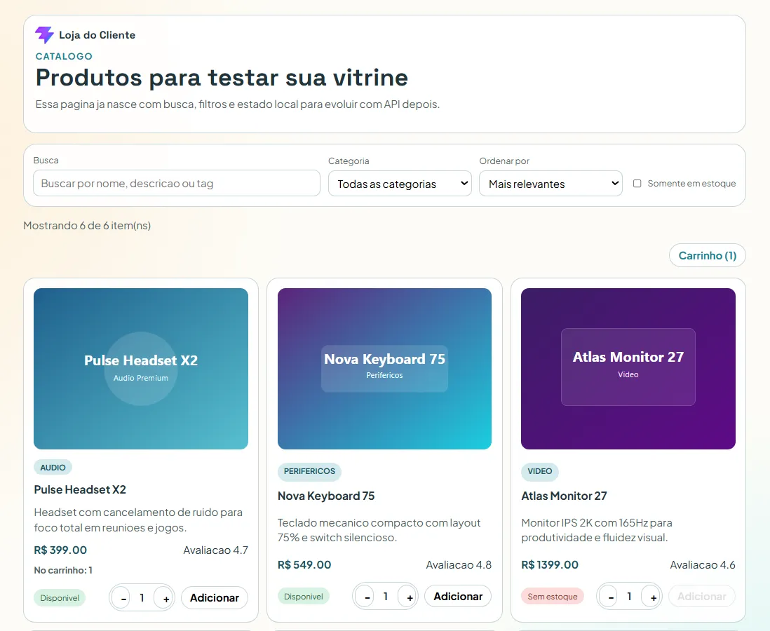 Screenshot de catálogo digital de produtos com carrinho