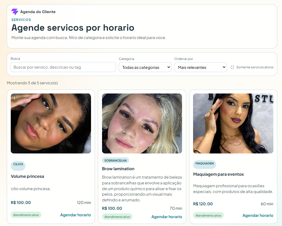 Screenshot de catálogo digital de serviços com agendamento