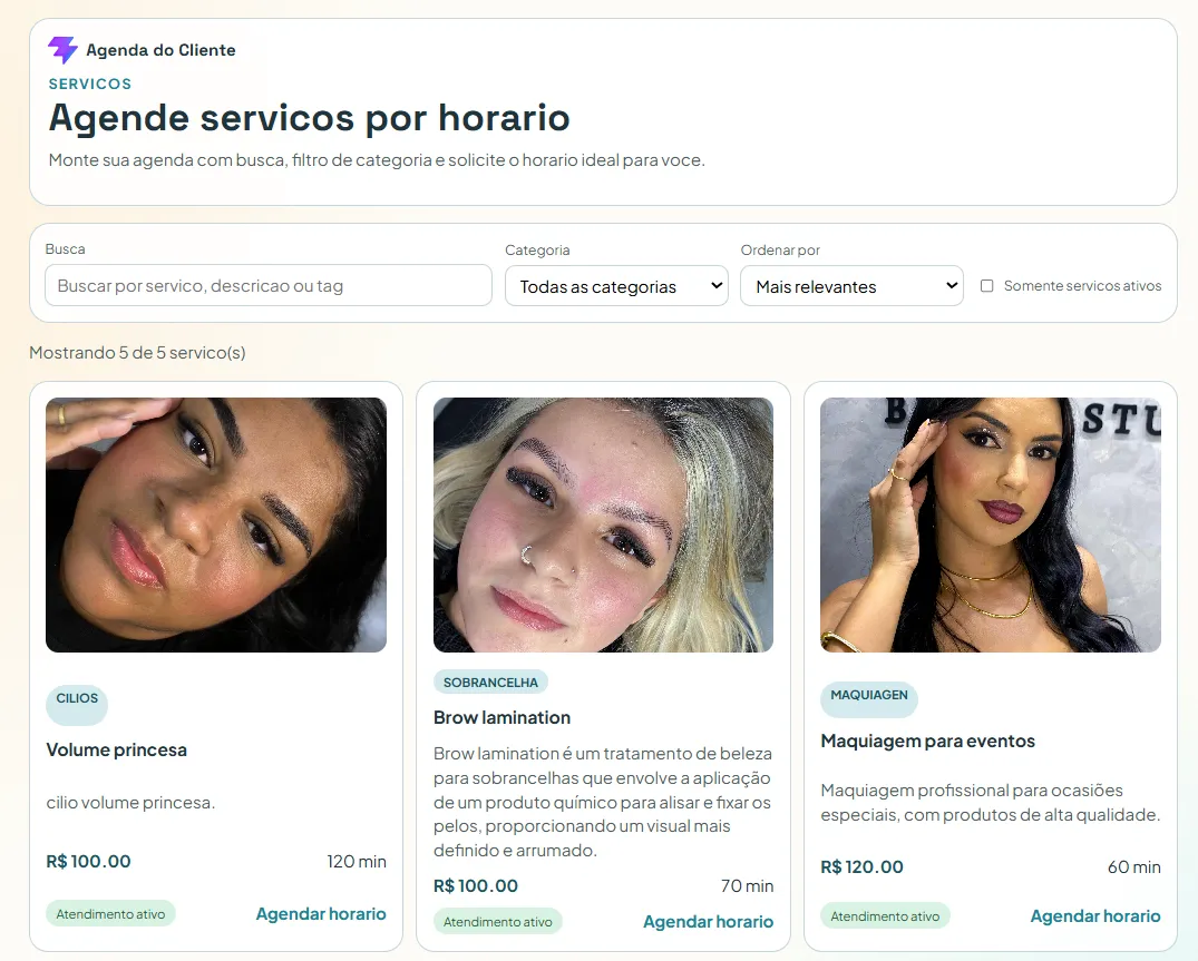 Screenshot de catálogo digital de serviços com agendamento
